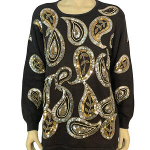 Vintage 80's Gantos Sz M Oversized Sweater Glam Sequin & Bead Paisley Black